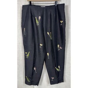 SLB Black Pants 100% Silk Women's Embroidered Champagne Wine Glass Size 20 Party